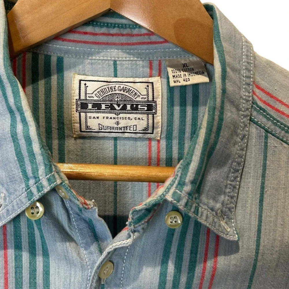 Vintage Levi's Chambray Striped Shirt‎ Mens XL Western Grunge Button Down 90s
